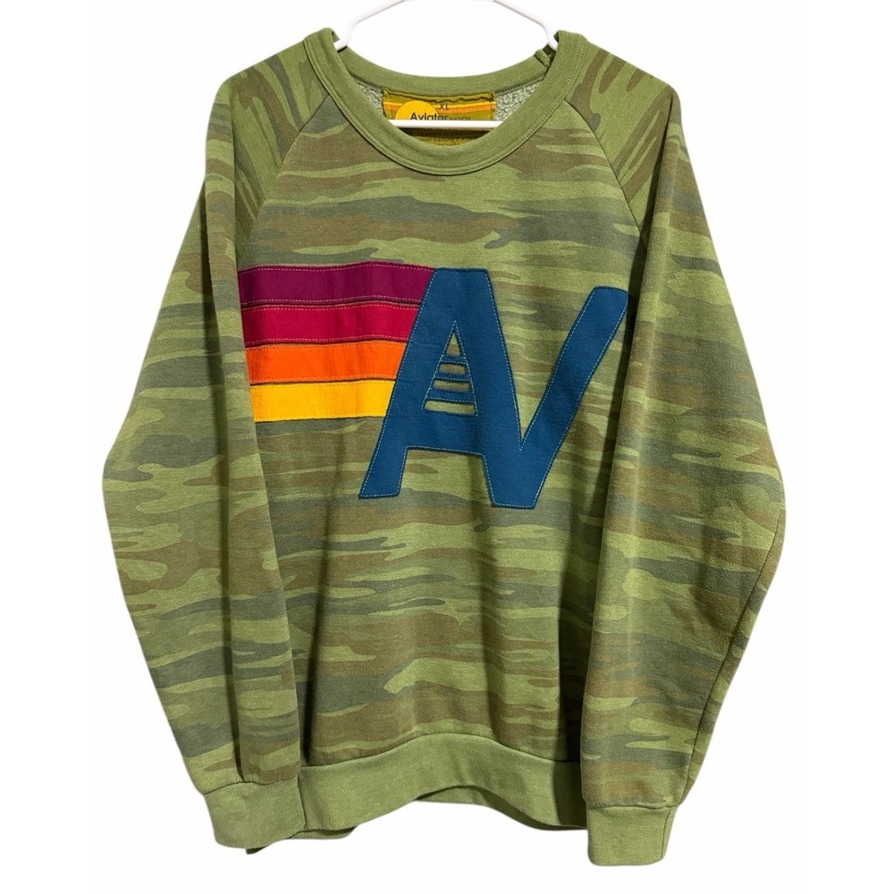 Aviator Nation Logo Stitch Relaxed Crew Sweatshirt‎ Camo Size XL